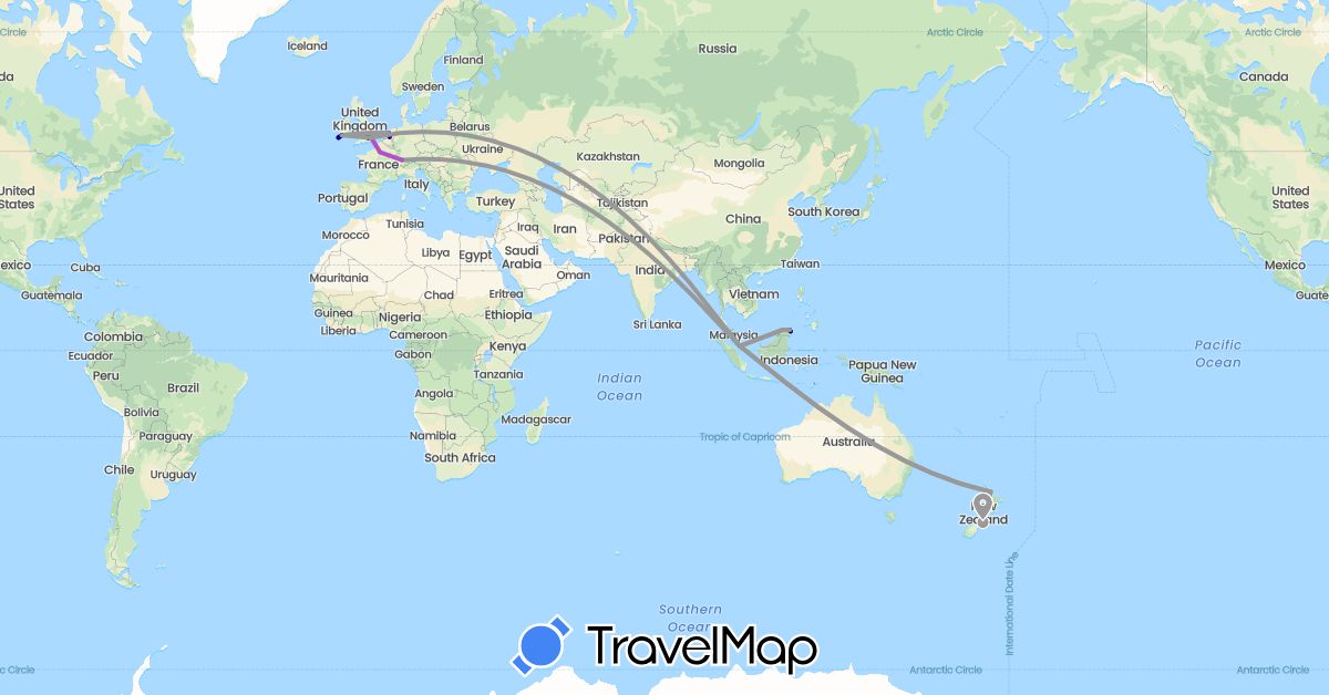 TravelMap itinerary: driving, plane, train, boat in Switzerland, France, United Kingdom, Ireland, Malaysia, Netherlands, New Zealand, Singapore (Asia, Europe, Oceania)